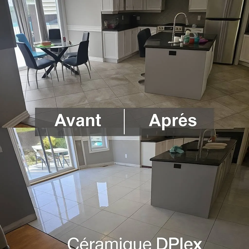 Avant et après : l'ancien plancher de céramique et le nouveau plancher grand format poli