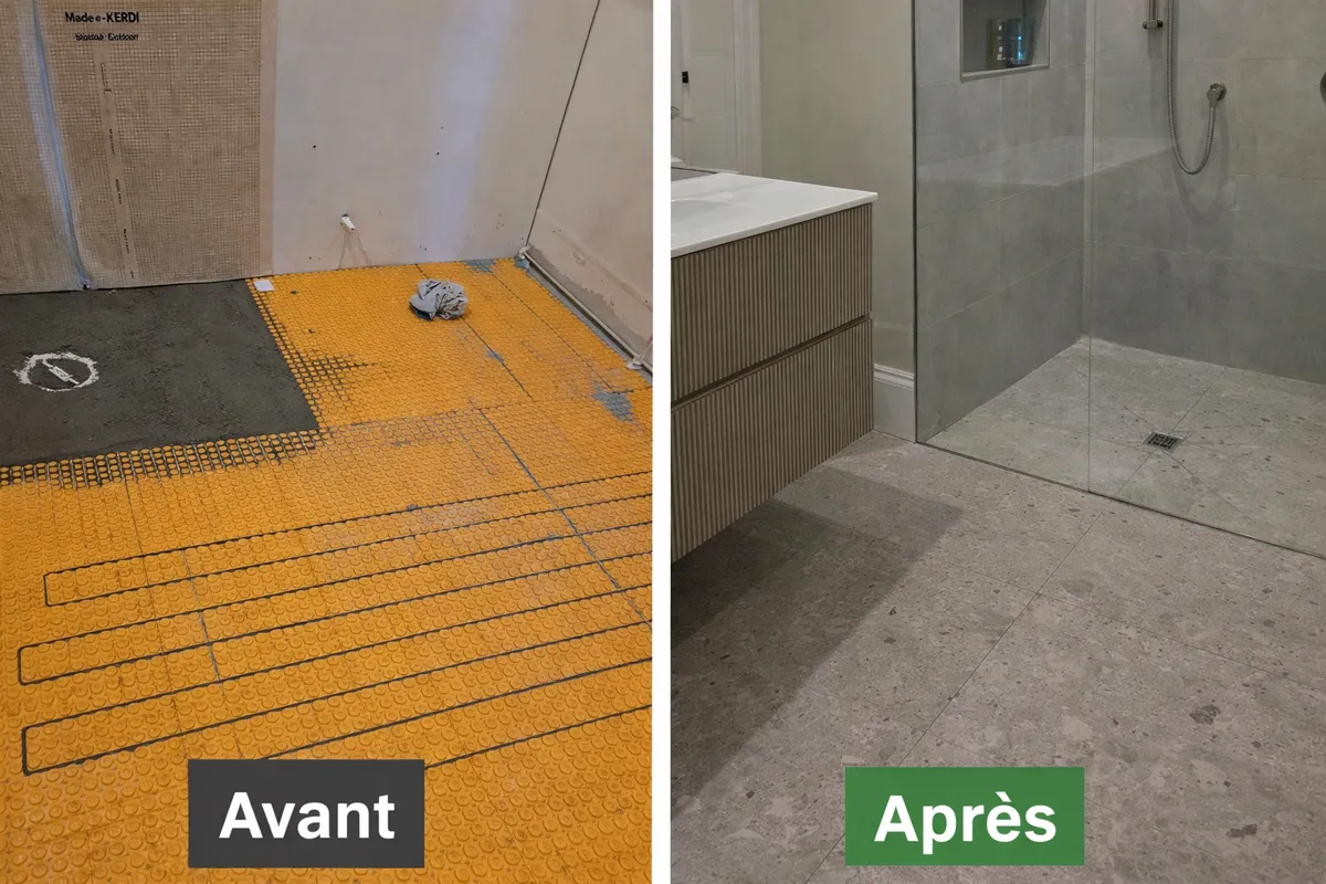 Avant et après : la membrane Ditra-Heat et le câble chauffant, puis la douche à l'italienne vitrée et le plancher fini